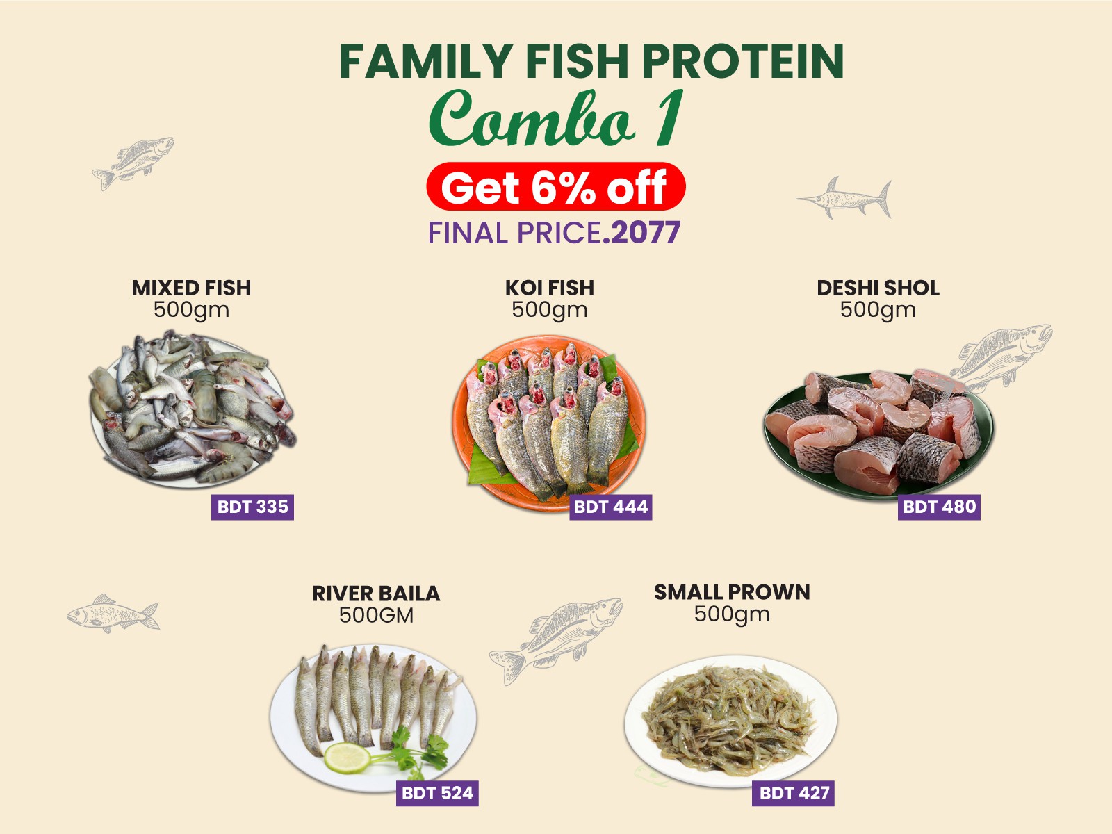 Family Fish Protein Combo- 1 (Panchmishali Fish R/C- 500.gm+ Deshi Koi Fish R/C- 500.gm+ Deshi Shol Fish R/C- 500.gm+ River Baila Fish R/C 500gm+ Small Prwan 500.gm)