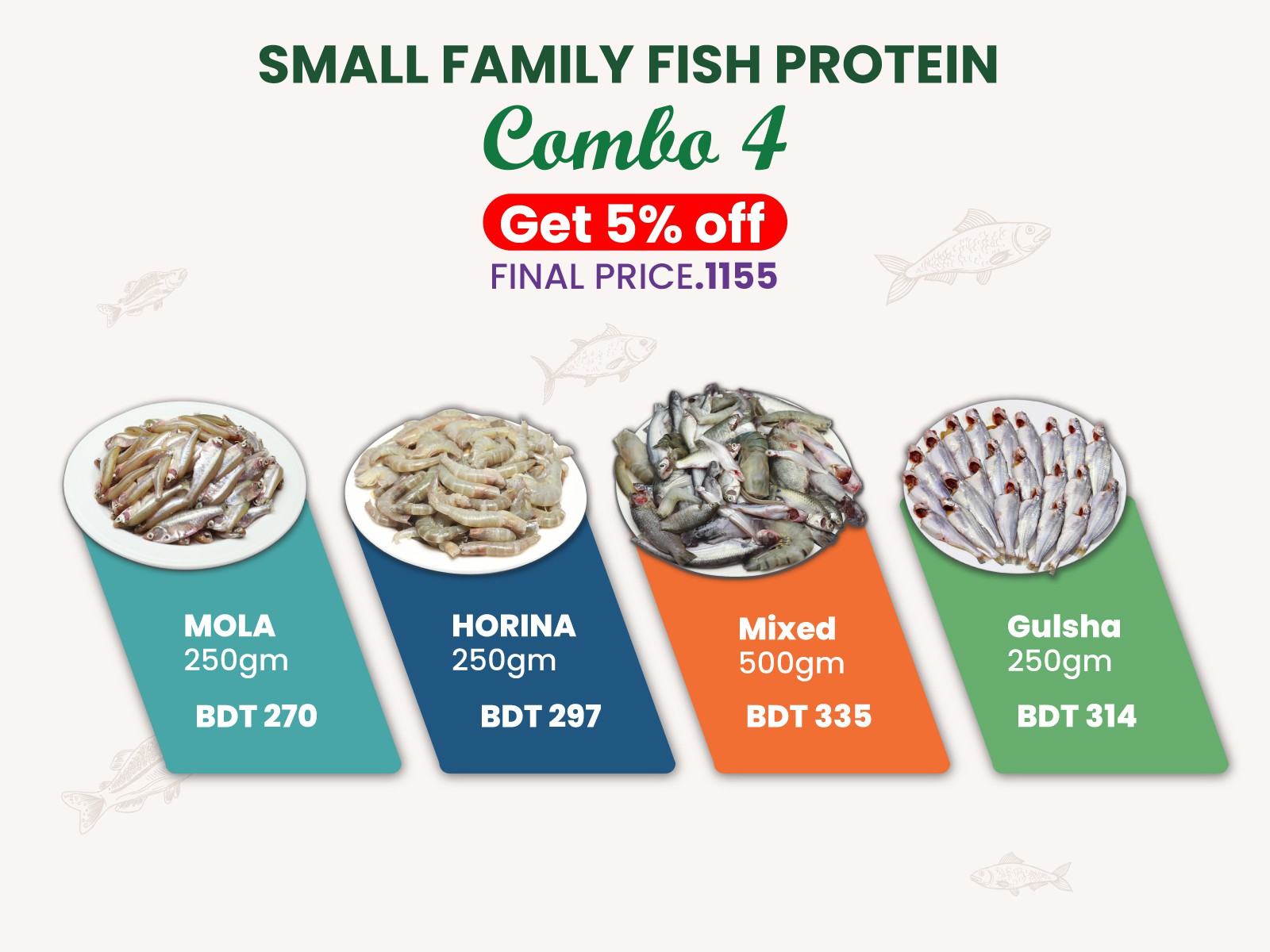 Small Family Fish Protein Combo- 4 (Deshi Mola Fish R/C- 250.gm+ Horina Shrimp Process 250.gm+ Gulsha Tengra Fish R/C 250.gm+ Panchmishali Fish R/C 500.gm)